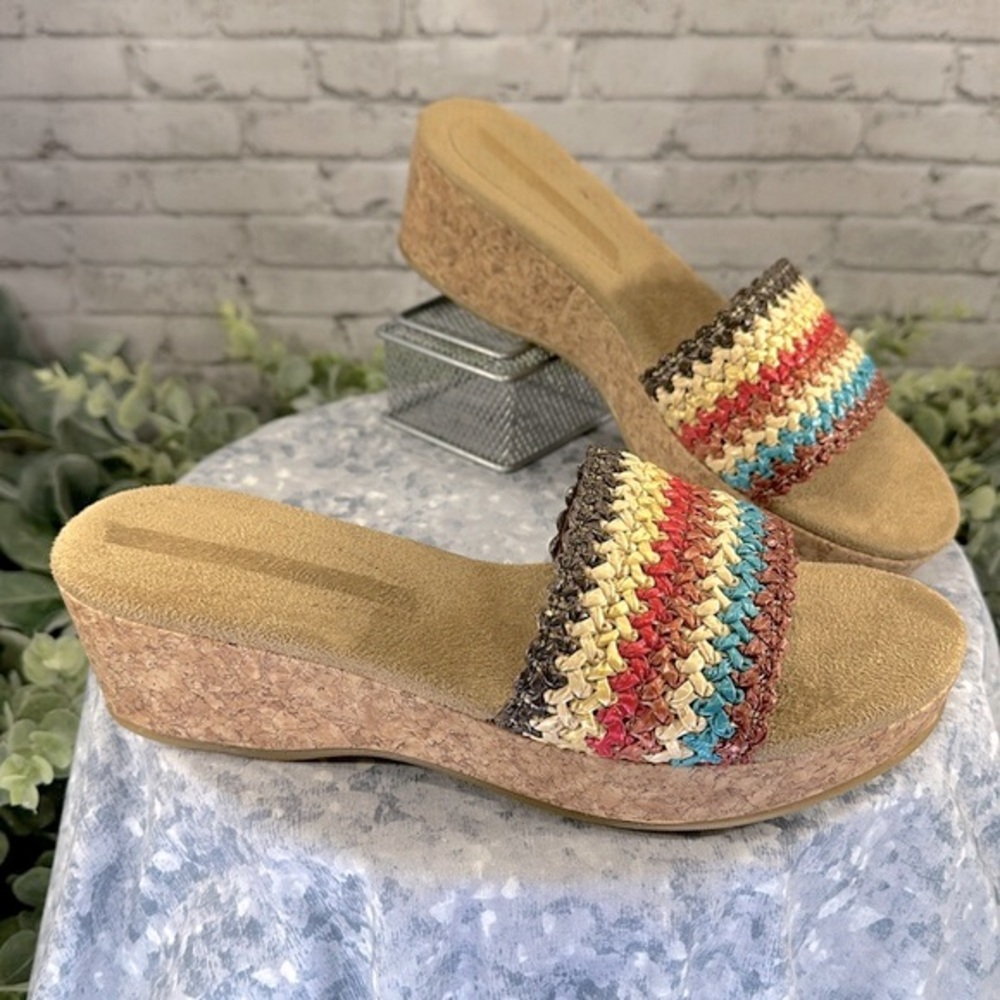 Montego Bay Club Multicolor Ratan One Band Cork Wedge Sandals WMS 8M☀️VGUC☀️